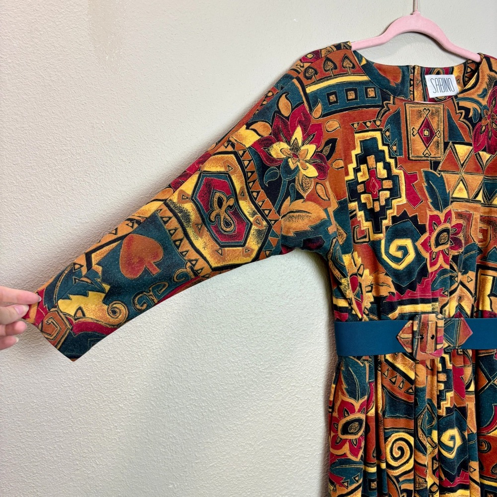 Sabino Vintage 80s Midi Dress Abstract Print Belted Long Sleeve Size 6 Bohemian - Picture 4 of 16